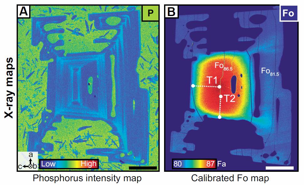 Phosphorus X-ray intensity distribution in olivine (on the left image), and forsterite zoning map on the right image
