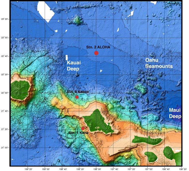 Map of islands showing Station positions & water depth.