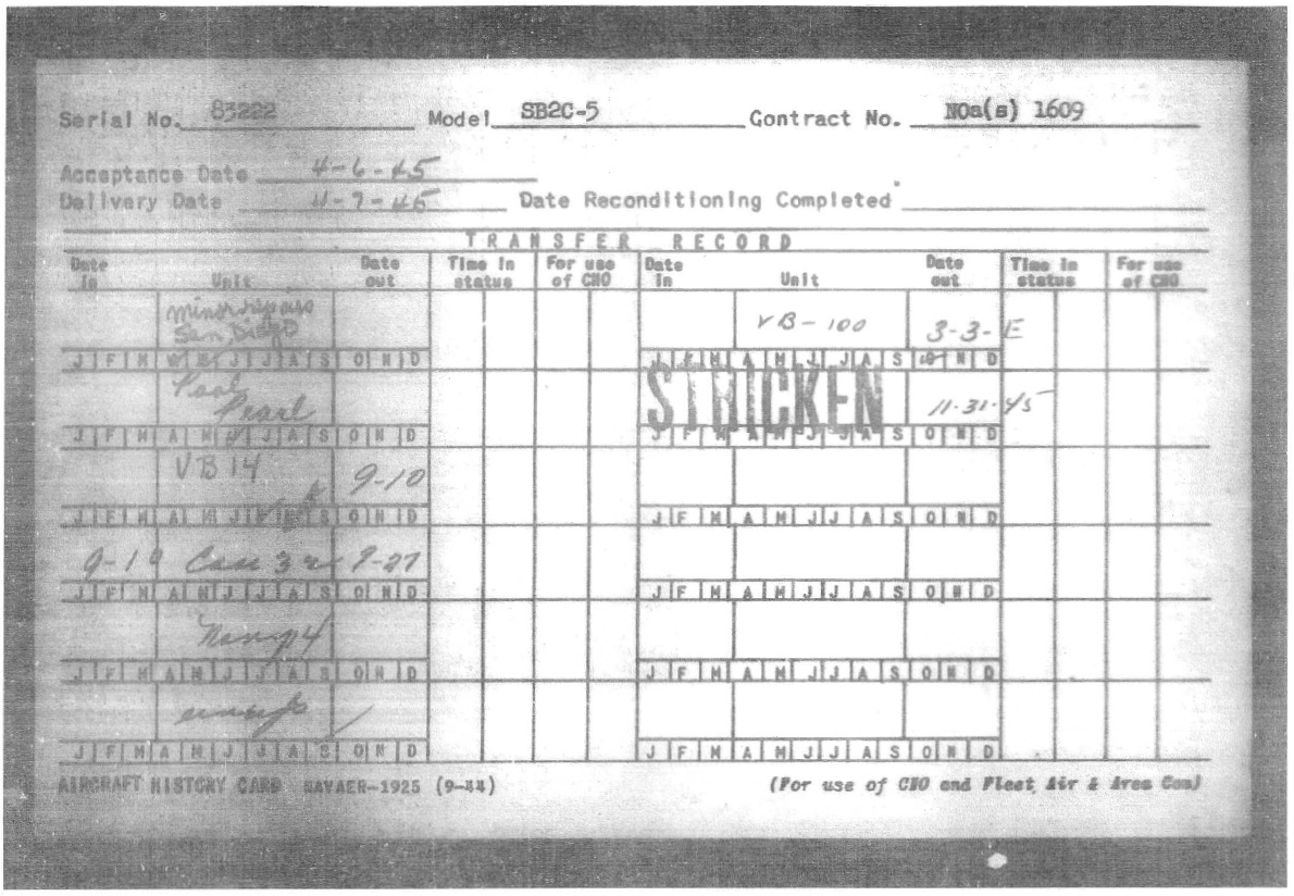 Document: Aircraft history card 83222 SB2C-5