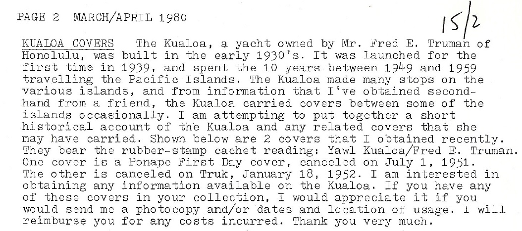 Document: Yawl Kualoa 1980 US Pac IS Bull