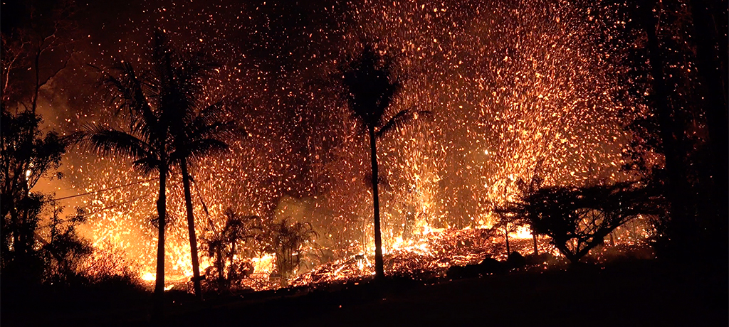 fire fountaining lava at Kilauea volcano in 2018