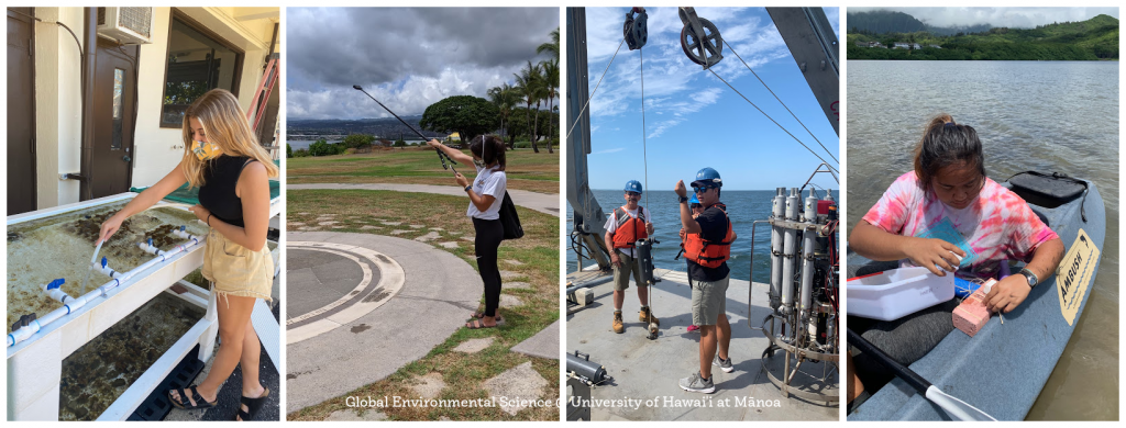 An image collage of GES students working in the field, working in the lab, and at conferences.