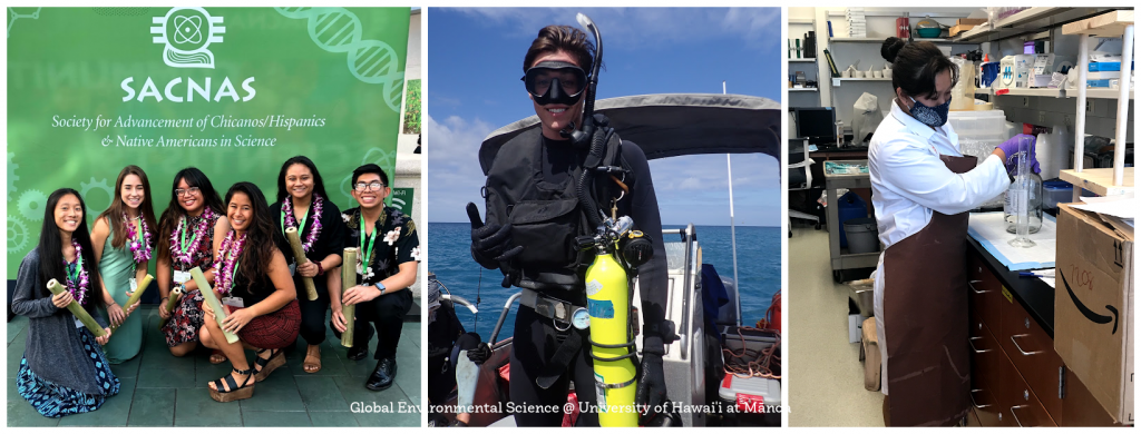 An image collage of GES students working in the field, working in the lab, and at conferences.