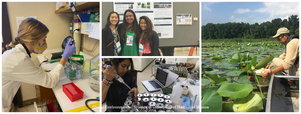 An image collage of GES students working in the field, working in the lab, and at conferences.