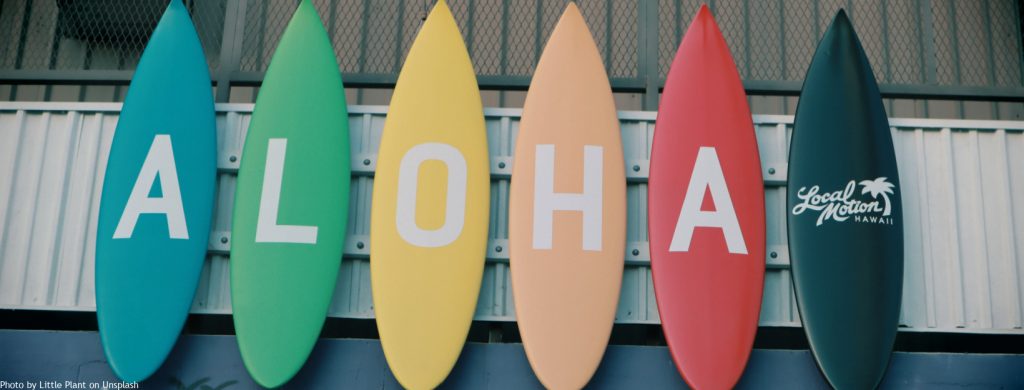 Image of colorful surfboards with the word 'ALOHA' written on them. 