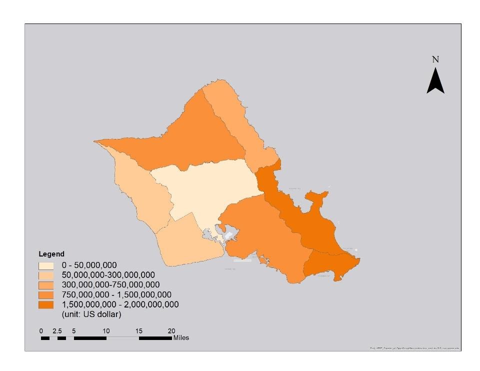 Map depicting the impact of sea level rise on housing in various regions of Oahu.