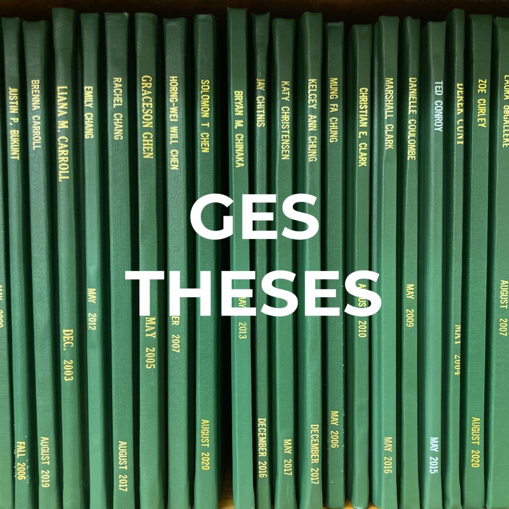Image of columns of bound GES theses with text over image saying, "GES Theses"