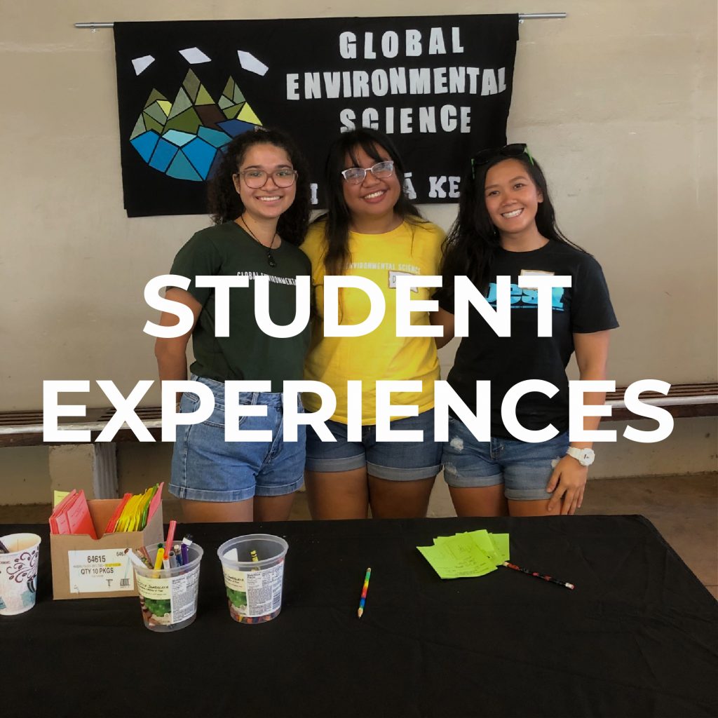Image of three GES students during the SOEST Open House. Students are standing in front of an experiment demonstration. Text over image saying, "Student experiences"