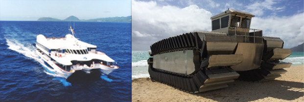 Catamaran in sea and amphibious vehicle on beach