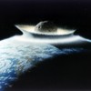 Artists rendering of an asteroid striking Earth. 