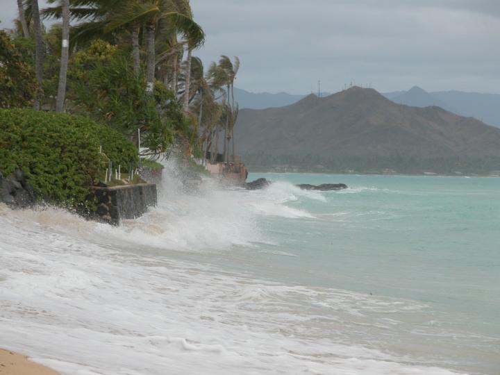Photo of sea wall and beach erosion.