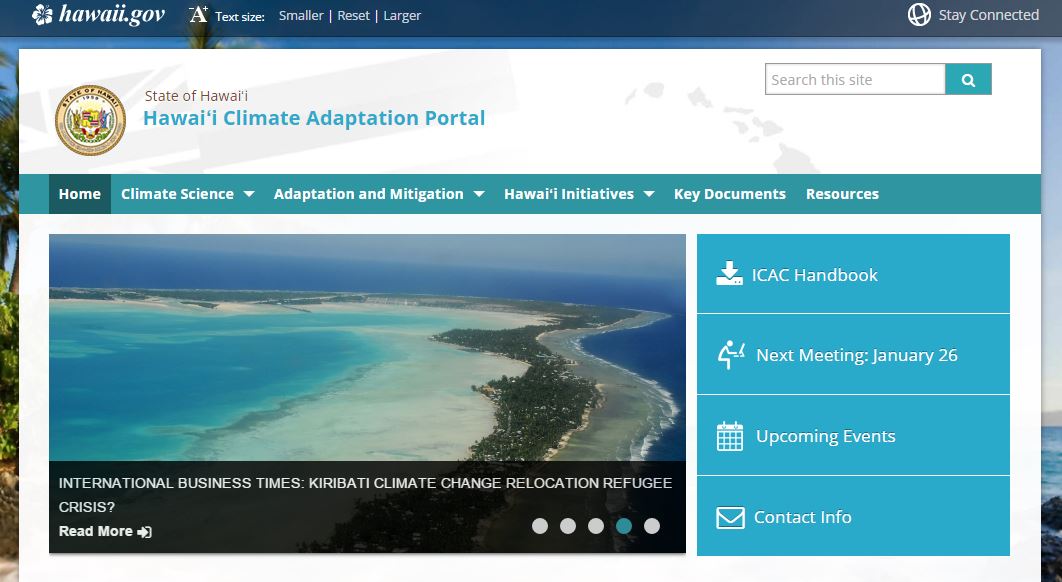 Screen shot of the new Hawai'i State Climate Adaptation Portal