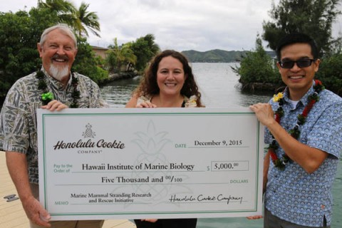 Paul Nachtigall, PhD (HIMB) Aude Pacini, PhD (HIMB) and Herman Tam (Honolulu Cookie Company.) Photo courtesy: The Harris Agency.