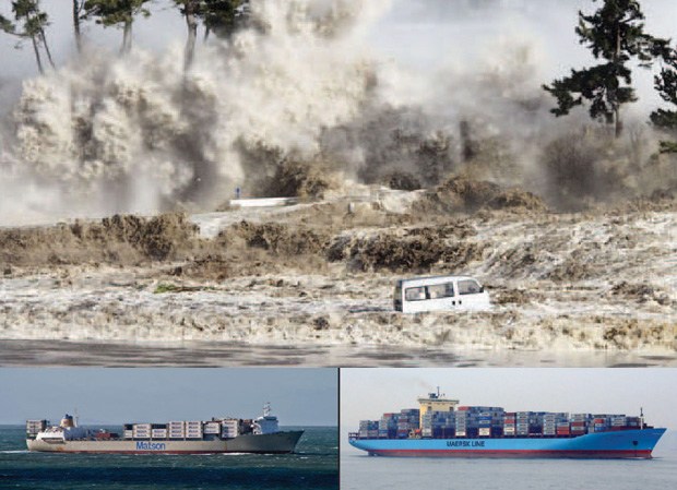 Matson and Maersk Line ships plus tsunami image