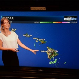 image of TV meteorologist pointing to map of Hawaii