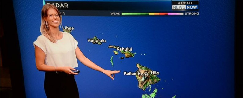 image of TV meteorologist pointing to map of Hawaii