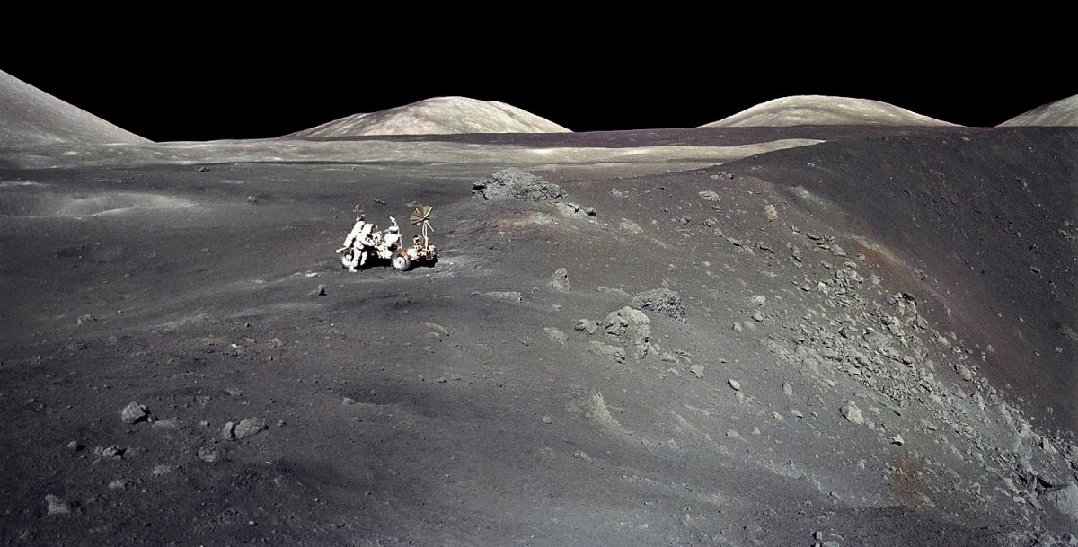 Image of Apollo 17 crew at Shorty Crater on the Moon