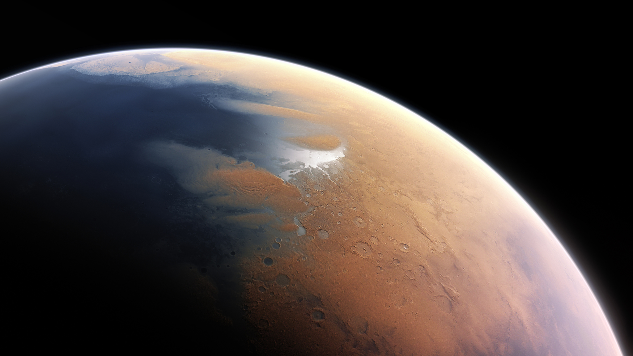 This artist’s impression shows how Mars may have looked about four billion years ago