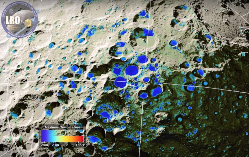 Graphic of cold, bright areas in the Moon's south polar region