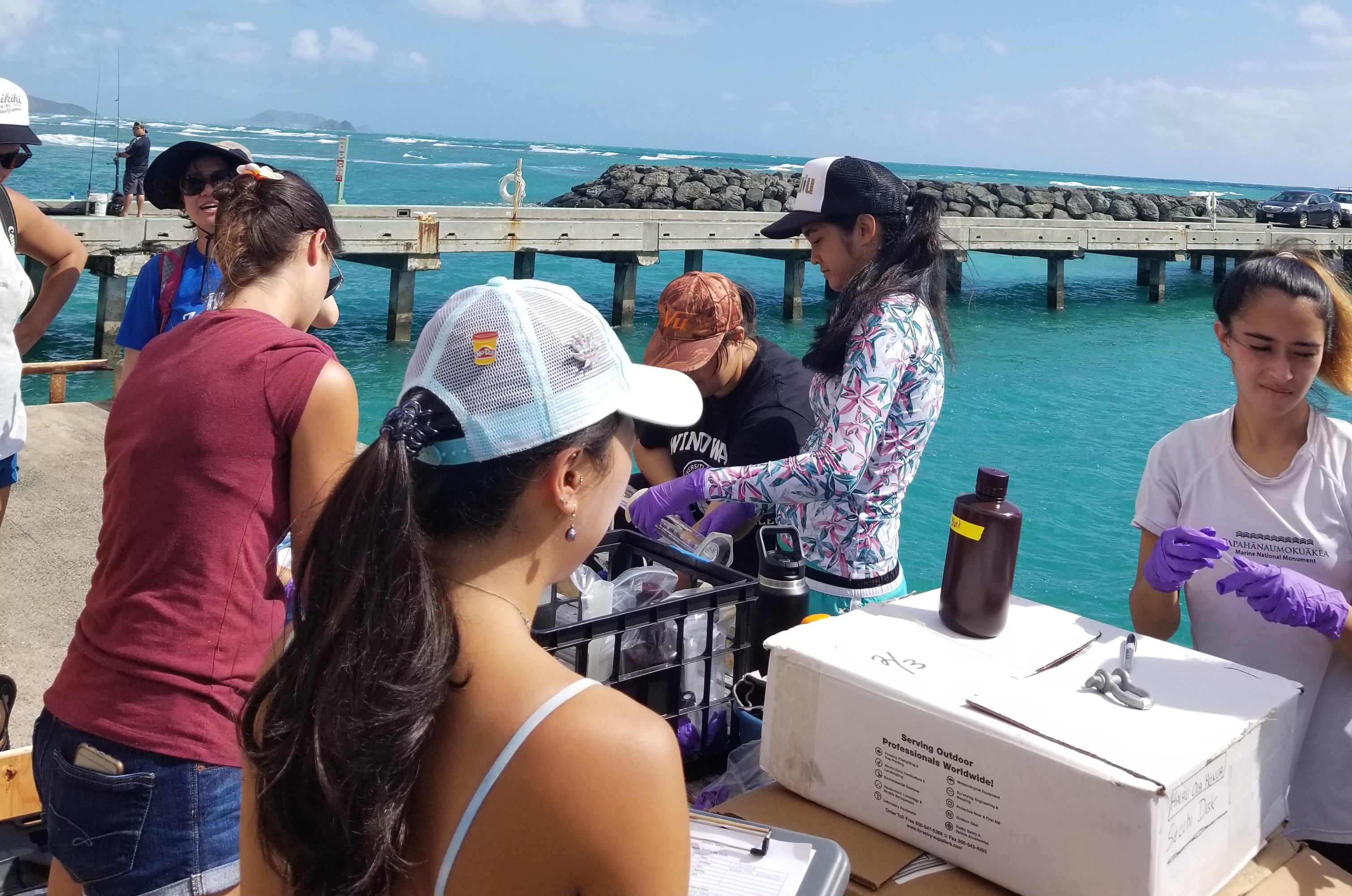 Mauka to Makai students collecting water samples at Makai Pier. Credit: Mauka to Makai students