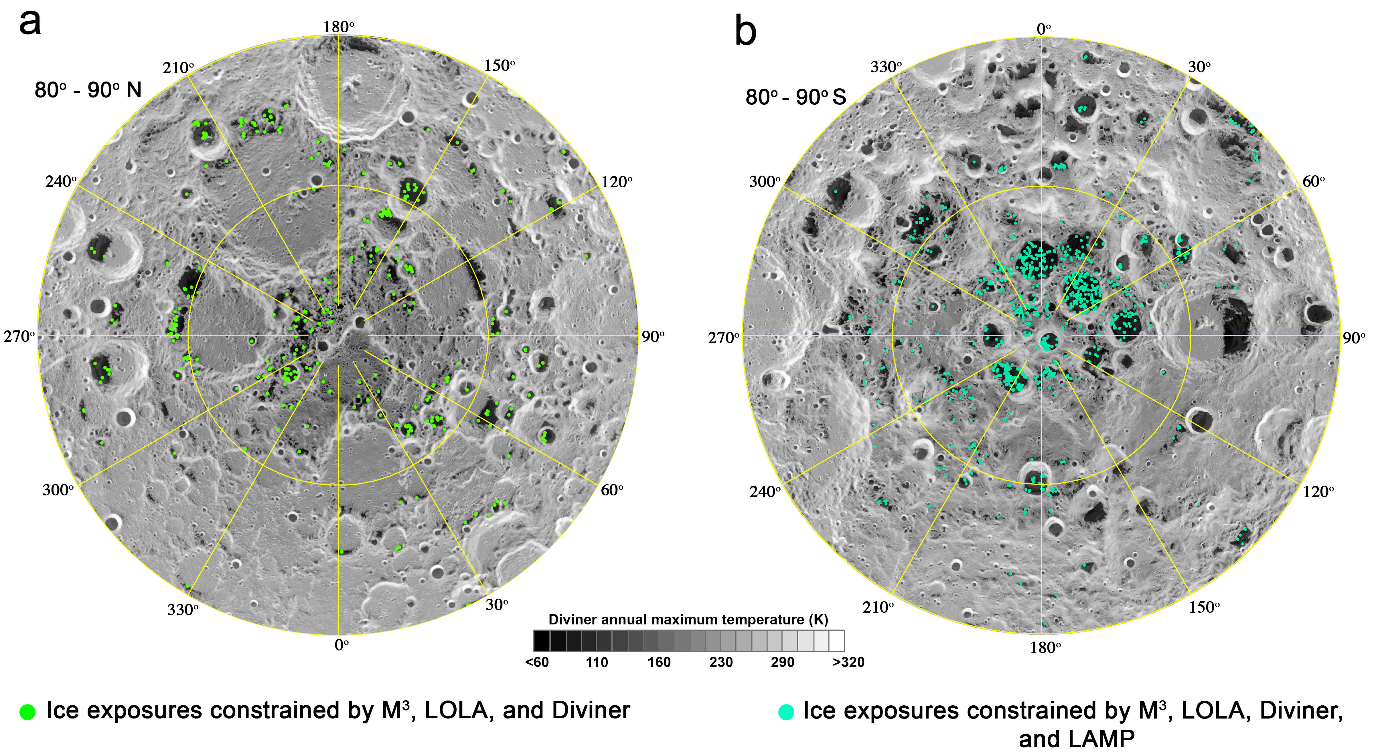 Surface exposed water ice (green and blue dots) in the lunar polar regions overlain on the annual maximum temperature (darker=colder, brighter=warmer). Credit: Shuai Li.