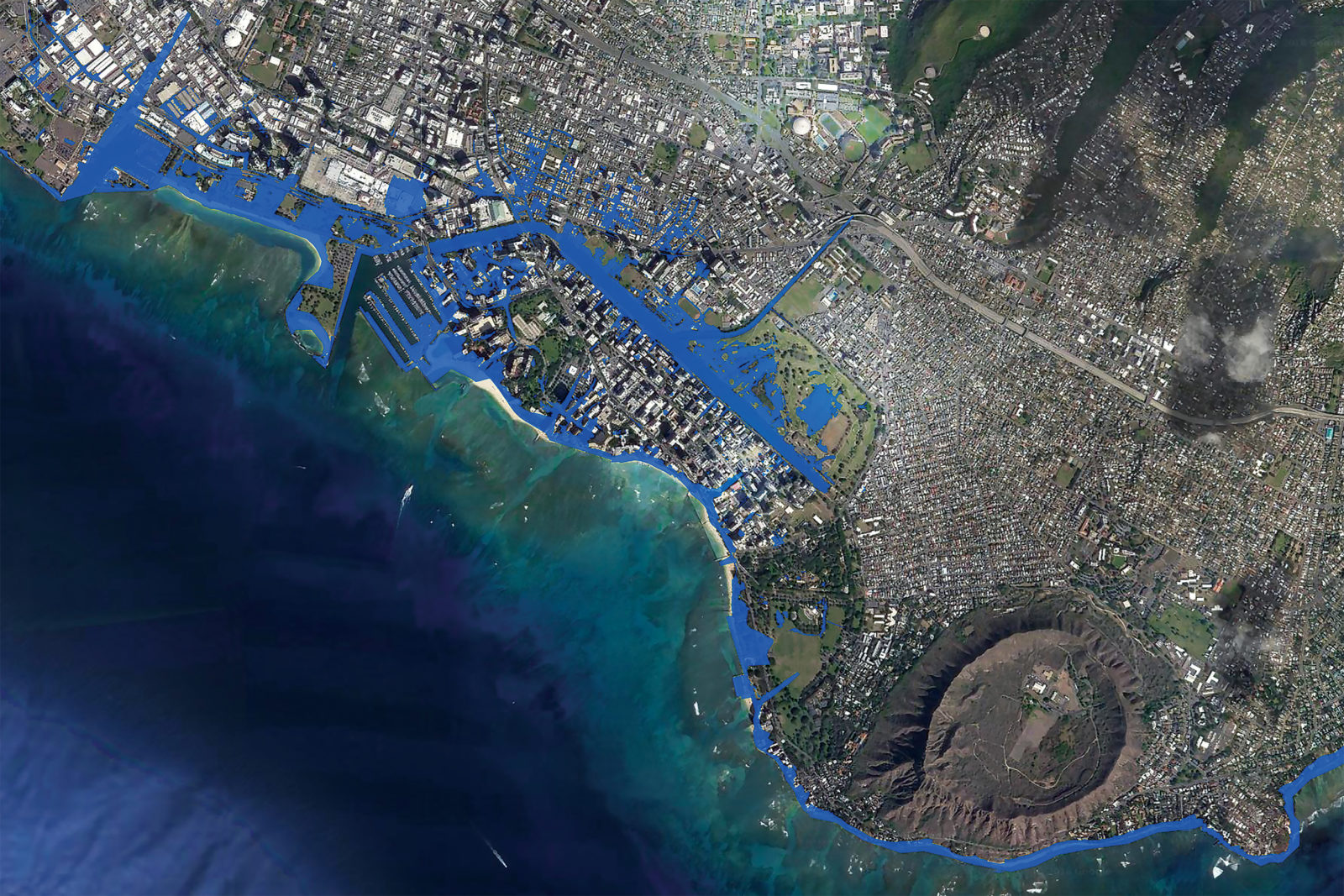 Graphic and satellite photo shows the potential effects of 3.2 feet of sea level rise in the Waikiki area (in blue).