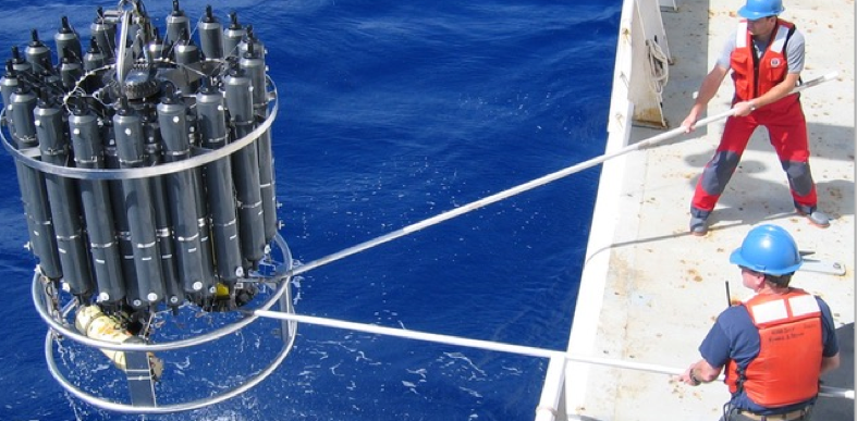 Rosette with sampling bottles for collecting water needed to determine the concentration of CO2 in the ocean. Credit: Nicolas Gruber / ETH Zurich.