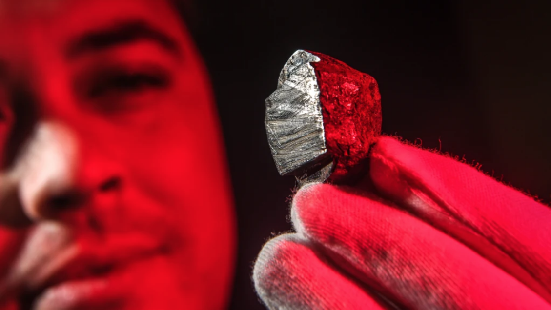 Photo of Dr Stuart Mills with the Wedderburn meteorite.