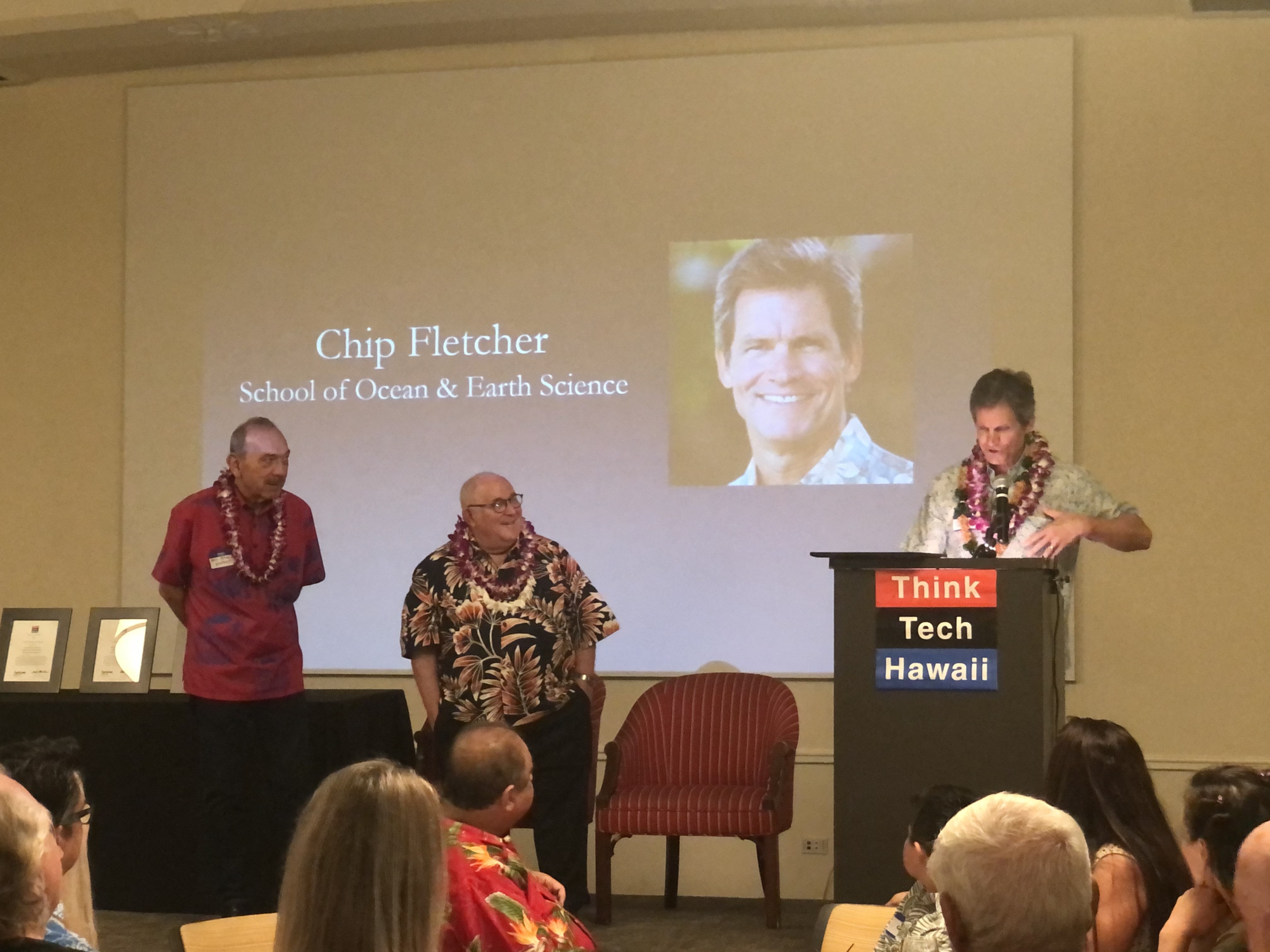 Right to left: Chip Fletcher, Jay Fidell CEO of Think Tech Hawaii, and Governor John Waihee, who presented the community service award.