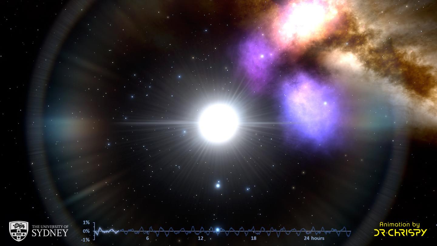 Still image from a simulation of pulsations in the delta Scuti variable star called HD 31901.