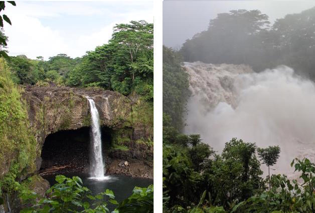 Two views from the Rainbow Falls overlook near Hilo, Hawaiʻi—left shows typical flow; right shows the early impact of Hurricane. Credit: Left: Ryan McClymont, Right: Gordon Tribble, USGS. Public domain.