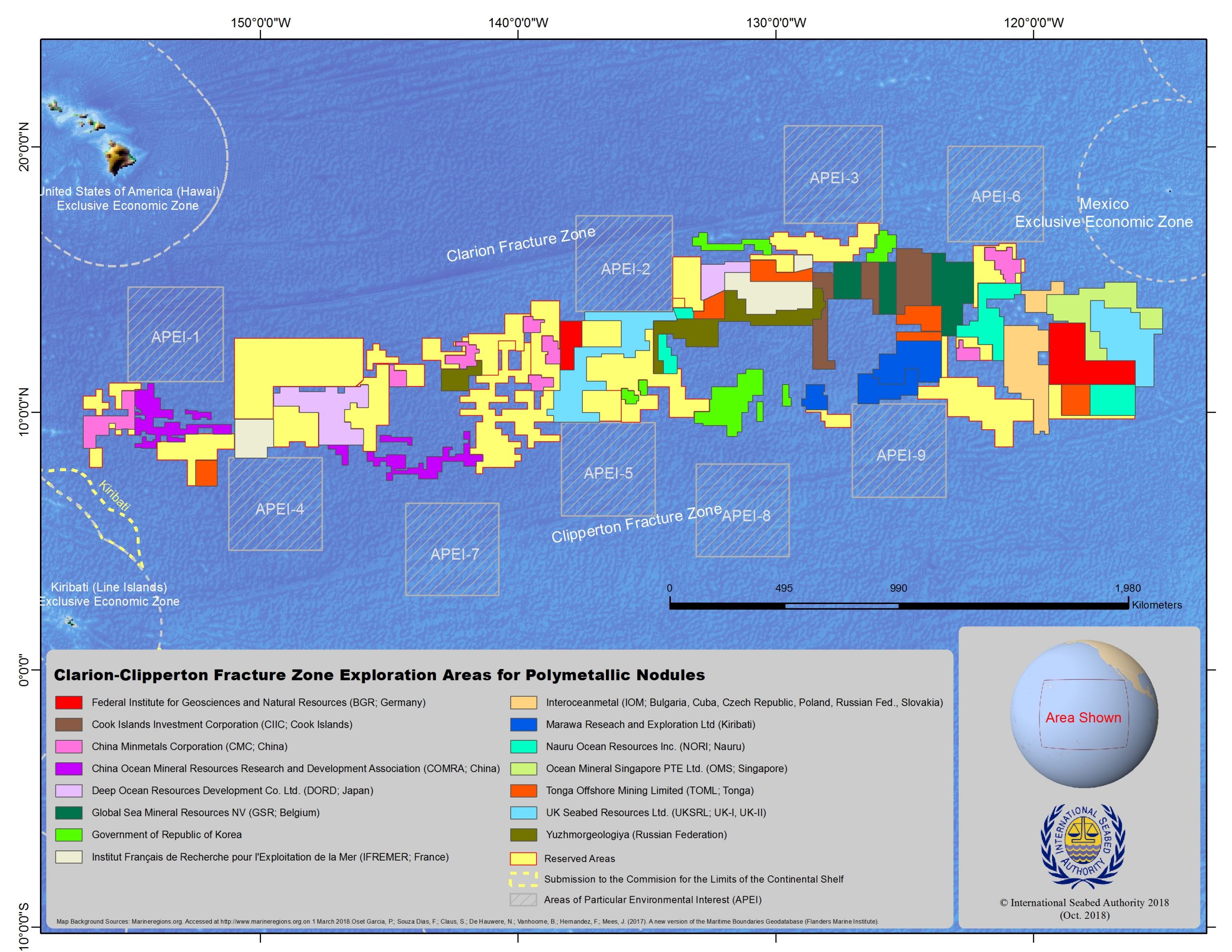 Map of the Clarion Clipperton Zone in the Pacific Ocean showing color blocks of exploration areas.