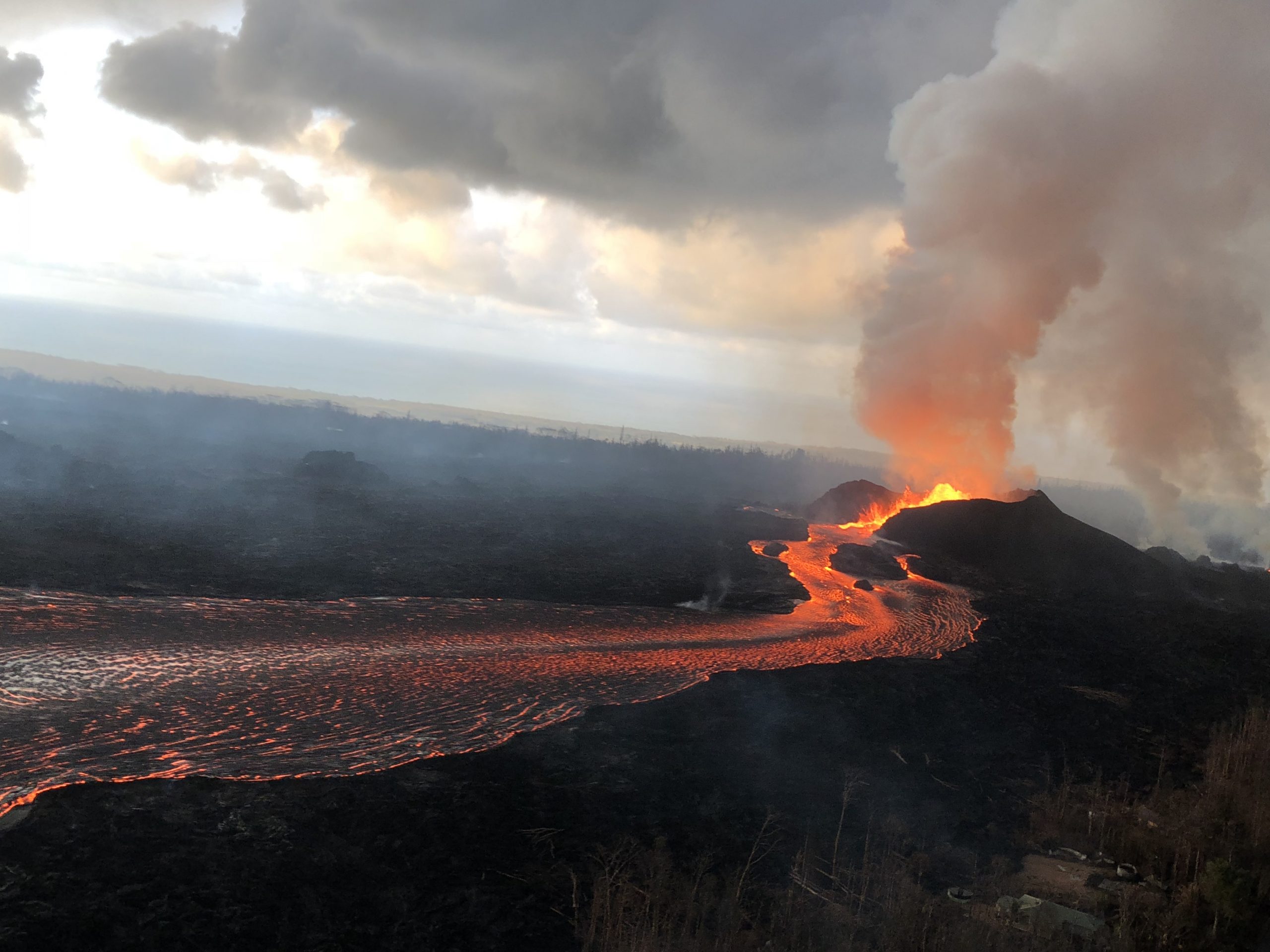 Fissure 8 lava fountain and lava channel during 2018 Kilauea eruption.