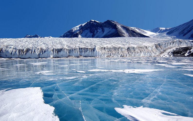 The blue ice covering Lake Fryxell in the Transantarctic Mountains comes from melted glacier water.