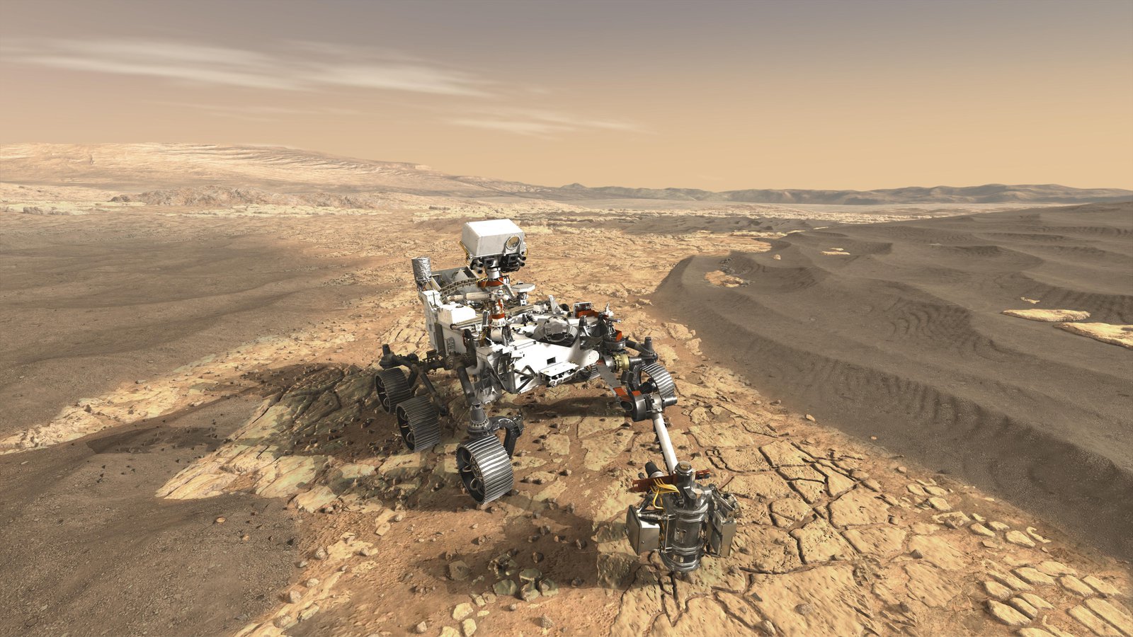 Artist's concept depicts NASA's Mars 2020 rover on the surface of Mars.