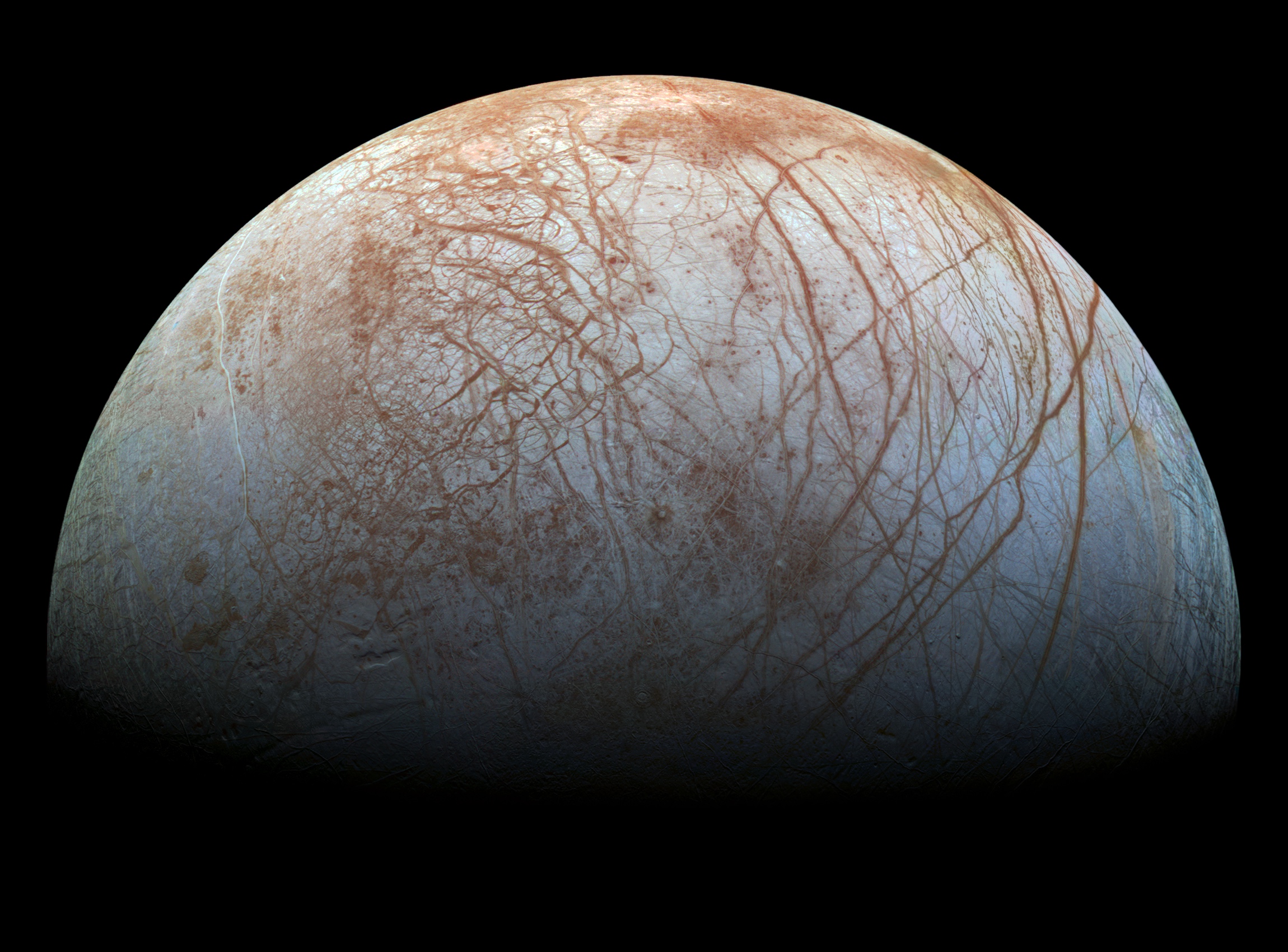 Surface of Jupiter's icy moon Europa made from images taken by NASA's Galileo spacecraft in the late 1990s.