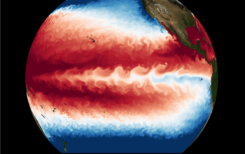 Ocean temperature (blue=cold, red=warm) simulated at ultra-high resolution.