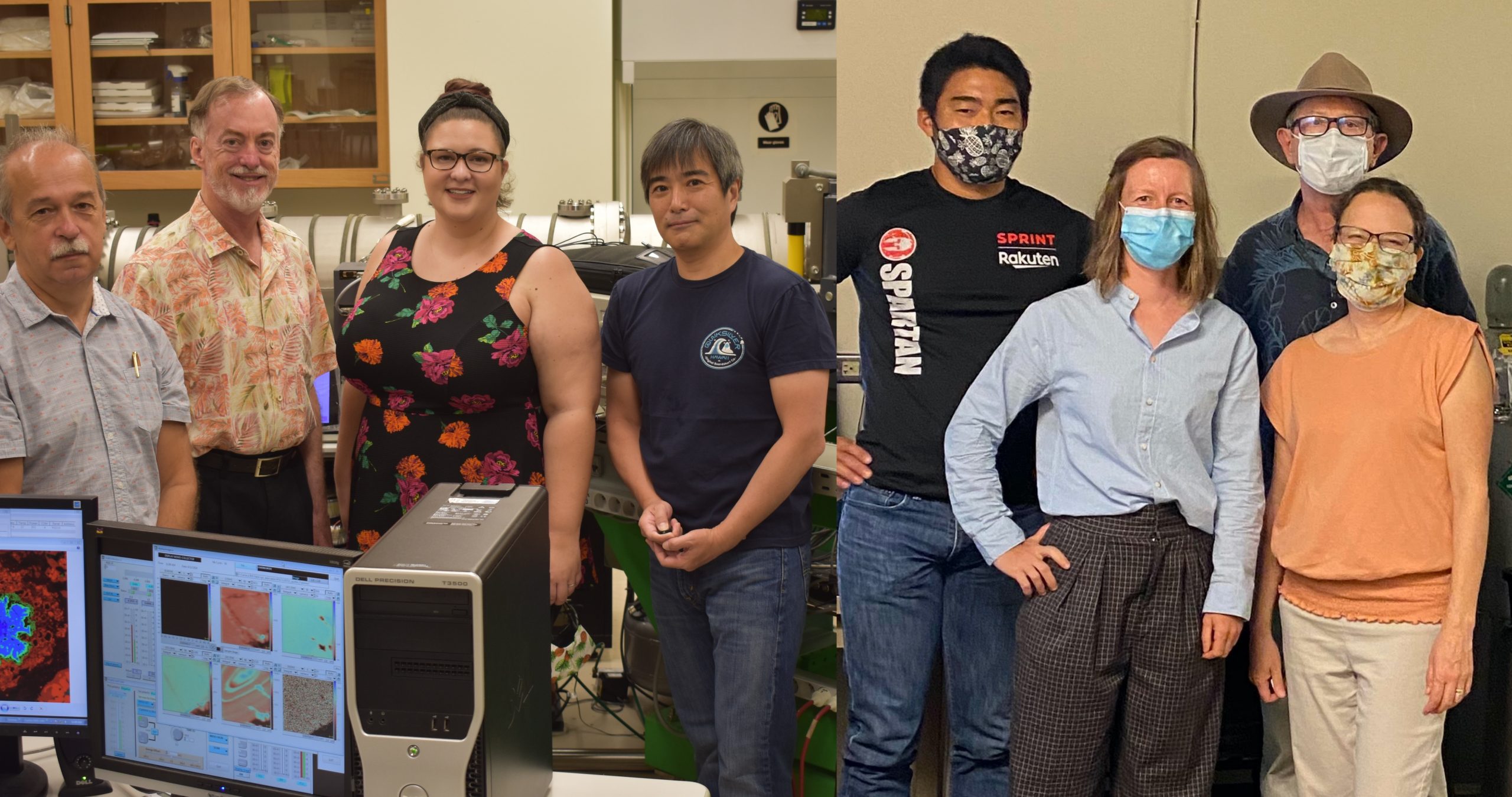 From left: W.M. Keck Cosmochemistry Laboratory (Alexander Krot, Gary Huss, Caroline Caplan, Kazuhide Nagashima) and the Advanced Electron Microscopy Center (Kenta Ohtaki, Elena Dobrica, John Bradley, Hope Ishii).