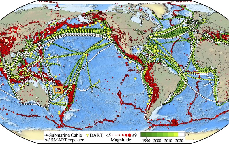 Operational submarine telecommunications cable span the globe with 20,000 repeaters every ~70 km that could host sensors—initially, temperature, pressure, seismic acceleration. Current cables (green lines); in progress/planned cables (white); and historical earthquakes (red). SMART repeaters are shown every 300 km, actual about 70 km.