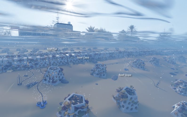 Reefense graphic showing engineered reef structures and living coral reef.