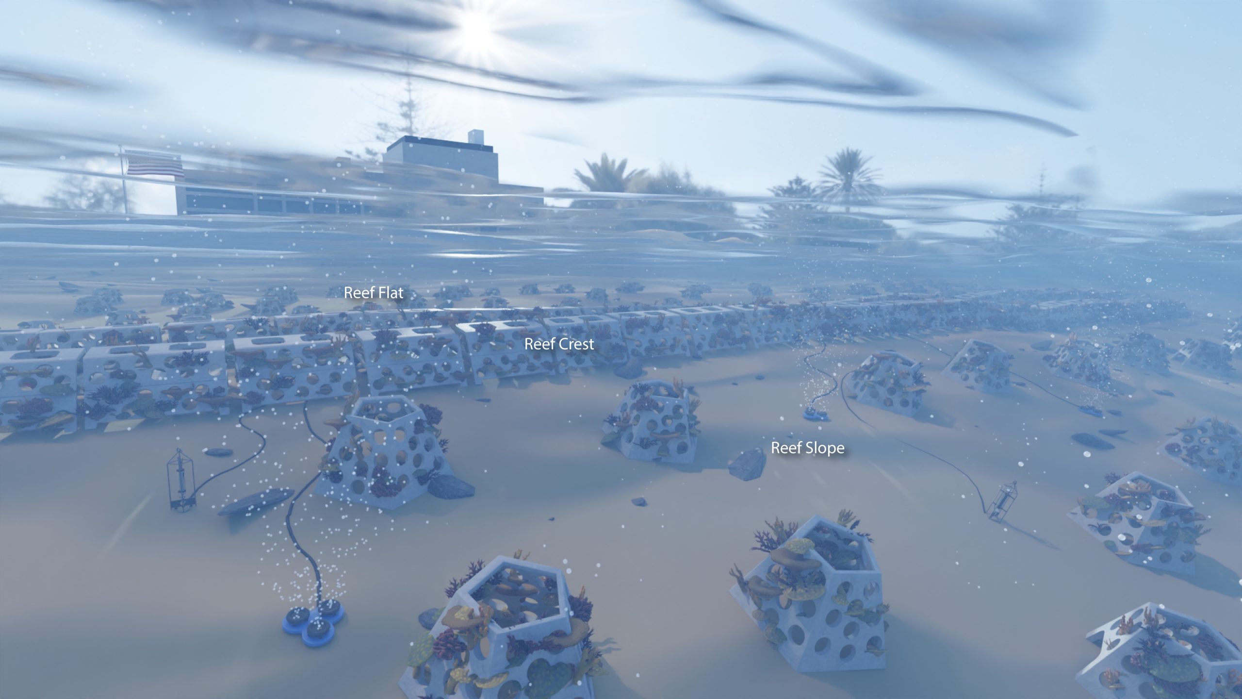 Reefense graphic showing engineered reef structures and living coral reef.