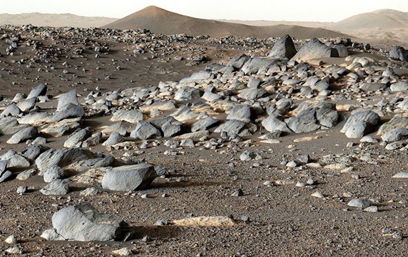 NASA’s Perseverance Mars rover looks out at an expanse of boulders on the floor of Jezero Crater.