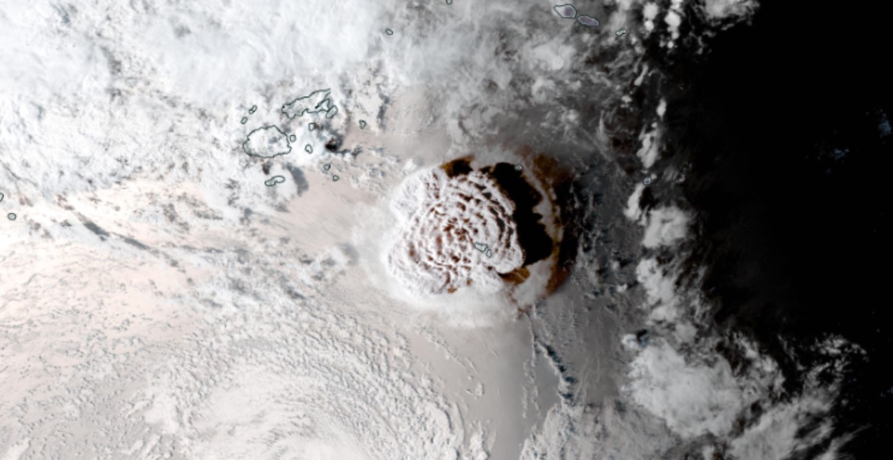 GOES-West satellite image of Tonga volcanic eruption, 2022.