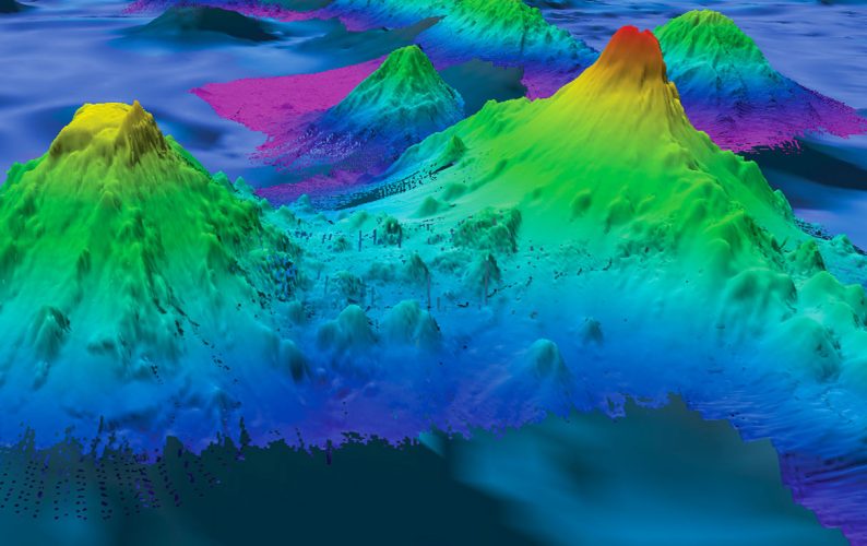The 4776-meter-tall Pao Pao Seamount (right) in the South Pacific Ocean.