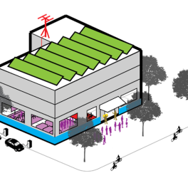 Graphic of envisioned community resilience hub with solar panels, radio antenna, community spaces, vehicle charging stations.