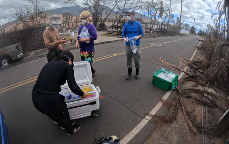 UH researchers prepare sampling materials on a desolate street for shoreline water testing in Lahaina, Maui. Burned trees and a part of a truck are in the background and on the left.