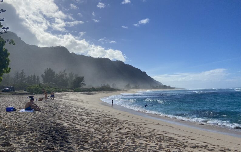 Plumes of sea salt aerosol entering the Ko'olau Mountains from a large swell on North Shore.