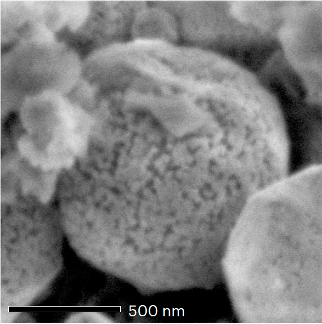 Electron microscopy image of a magnetite grain from Ryugu. The very porous surface is due to exposure to the harsh space environment.