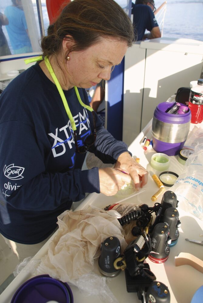 Angel Yanagihara prepares Sting No More® cream on board Diana Nyad's escort boat.