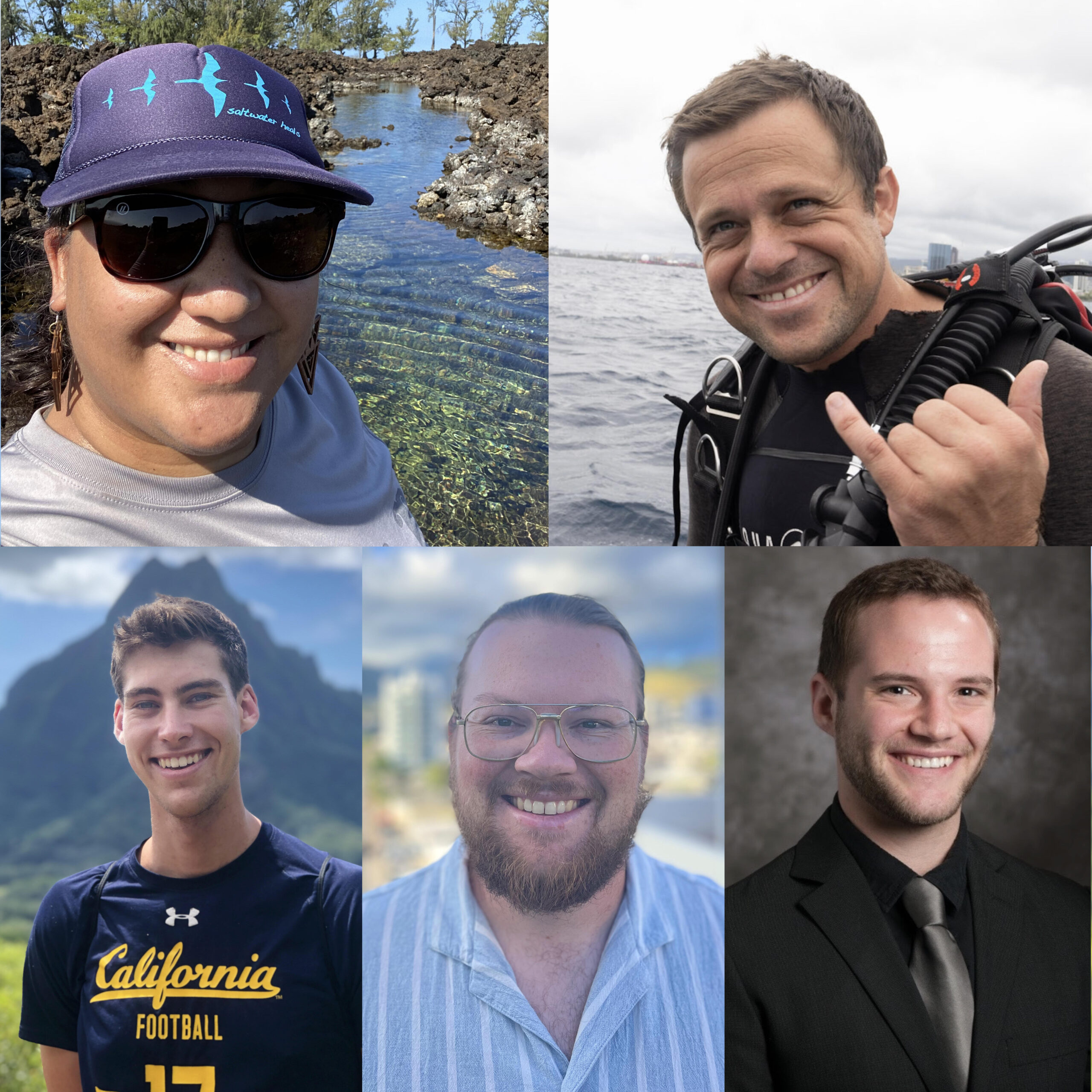 Headshots of the 2024 ARCS awardees (clockwise from top left): Kekuʻiapōiula (Kuʻi) Keliipuleole, James Fumo, Zachary Fumo, Lucas Ellison, Blake Stoner-Osborne.